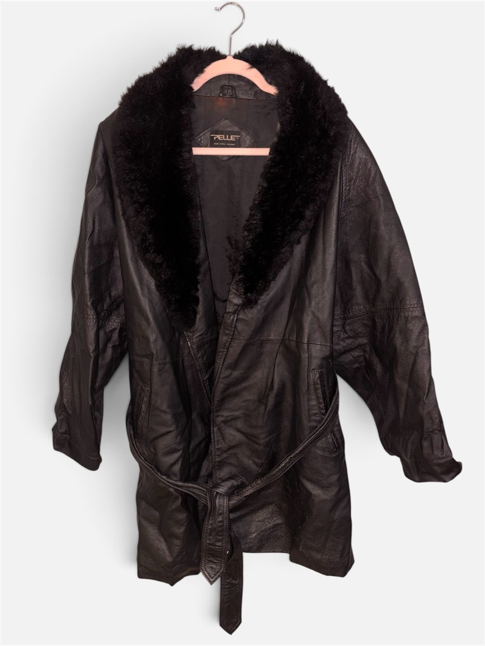 Pelle Black Leather Jacket with Real Fur Collar